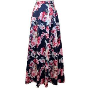 PROMGIRL Formal Maxi Skirt Lined Navy Floral Print Side Zipper Size Medium